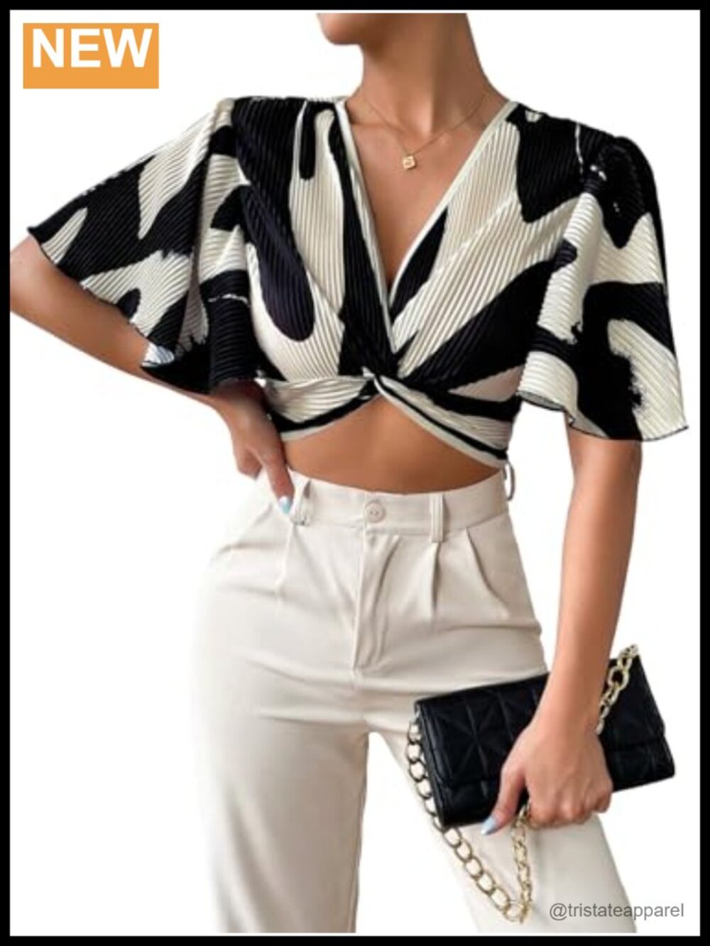 Women's Elegant Twist Front Crop Ruffle Sleeve Deep V Neck Blouses